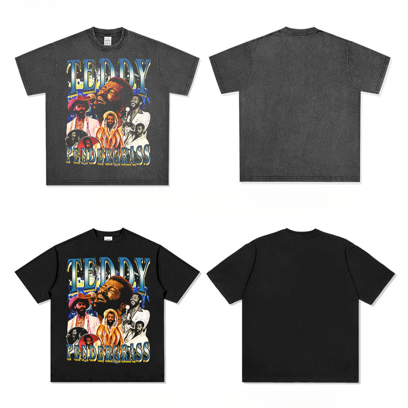 Outfit streetwear Vintage Hip Hop Pendergrass Print Short Sleeve T-Shirt