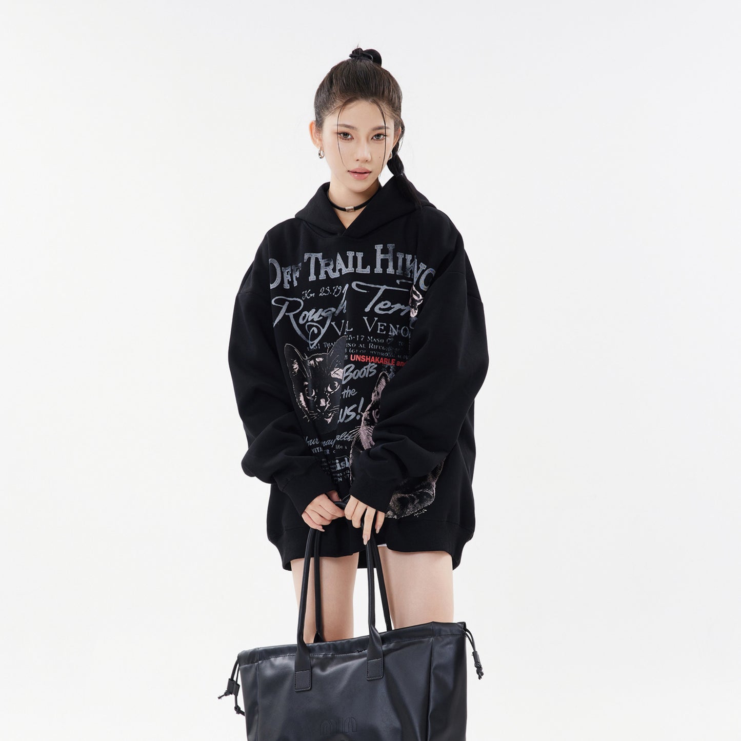 Vice streetwear kitten print hooded sweater vintage do old sweater loose hoodie
