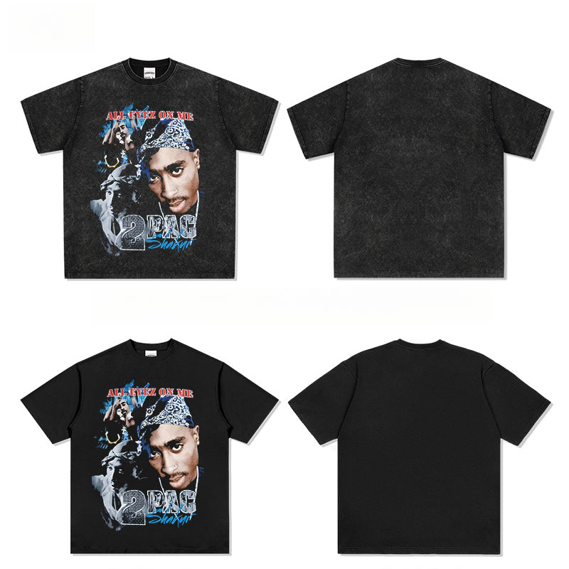 Streetwear masculino vintage hip hop rap tupac print short sleeve t-shirt