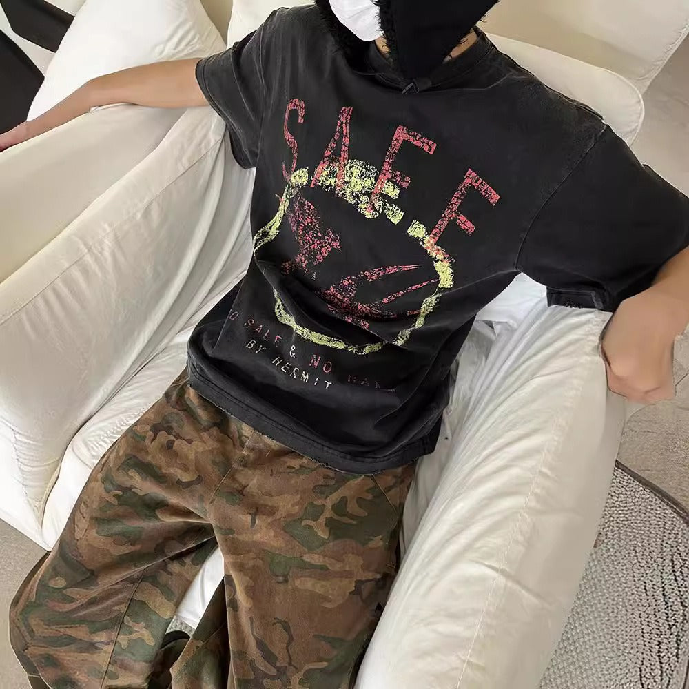 Streetwear Eua t-shirt washed and old short-sleeved men's peace dove print loose crew neck t-shirt