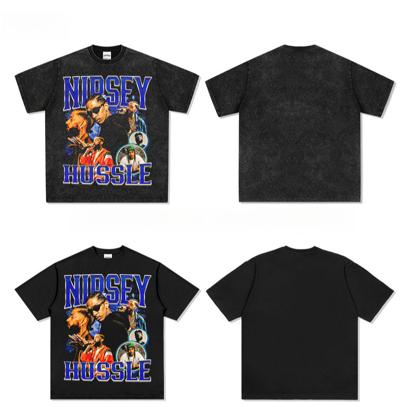 Outfit streetwear vintage hip hop nipsy print short sleeve t-shirt