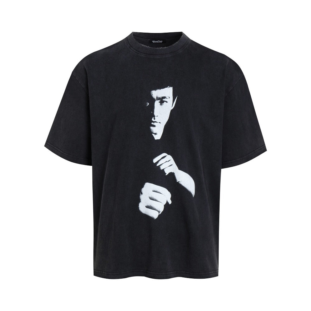 Streetwear Eua t shirt cleanfit Bruce Lee portrait washed old ripped loose t-shirt