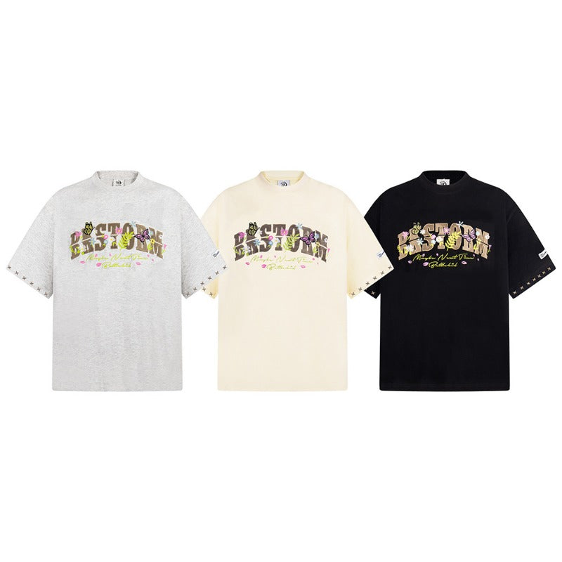 New York Hip Hop Style Vintage Butterfly Floral Alphabet Print Short Sleeve T-Shirt