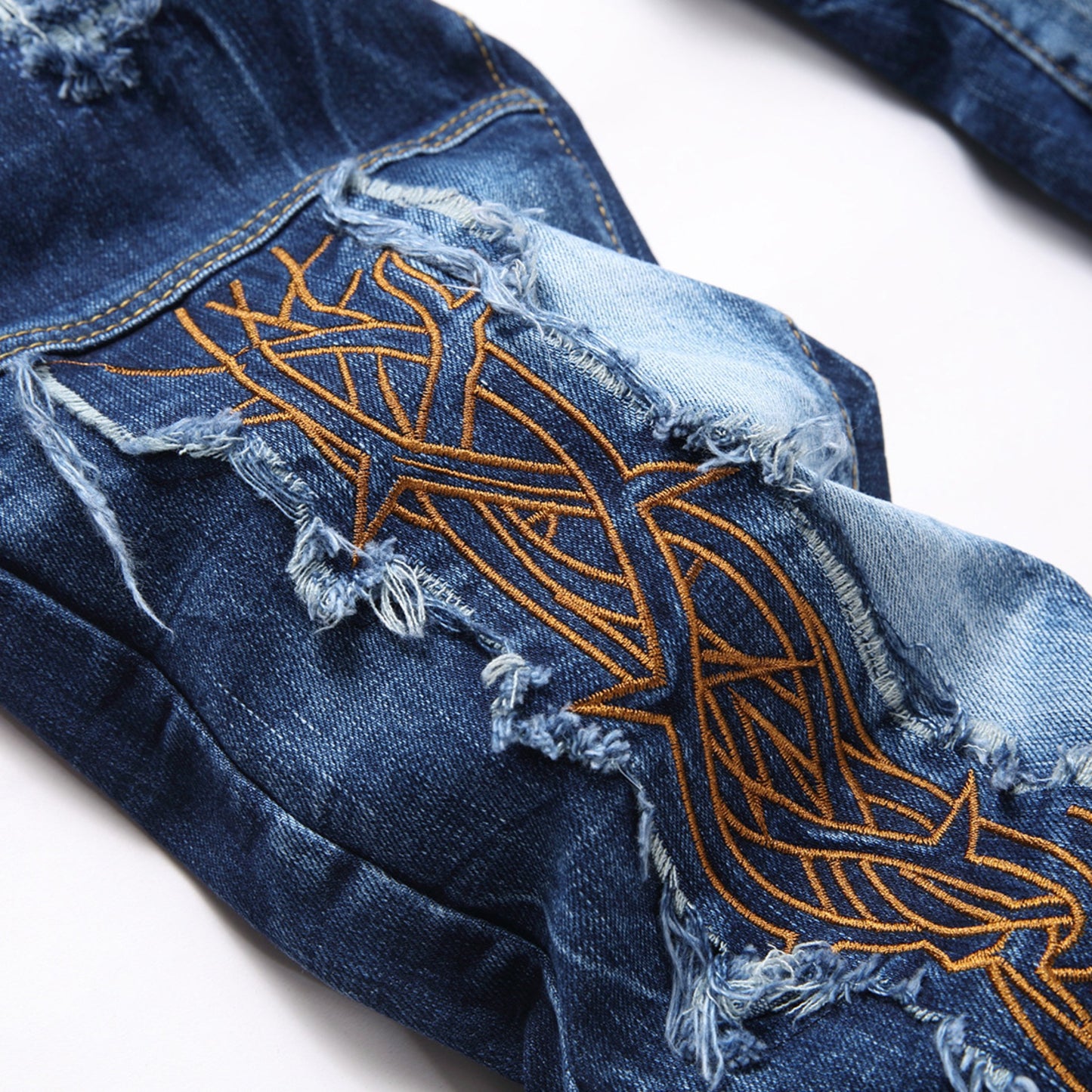 1990 Fashion Jeans Blue Ripped Embroidered Straight Jeans