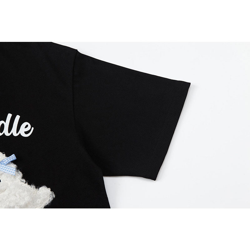 Nostalgia T Shirts Dog Flocking Embroidery Short Sleeve T-Shirt Bow Loose Top