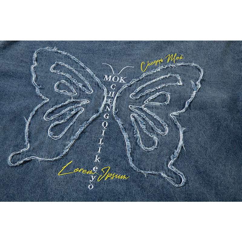 Marcas De Streetwear Vintage Embroidered Washed Denim Long Sleeve T-Shirt