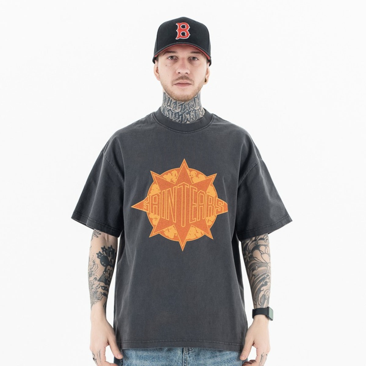 Vintage College Shirts Summer Hip Hop Washed Old Pattern Printed Short Sleeve T-Shirt