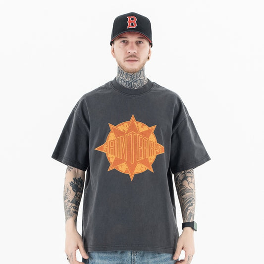 Vintage College Shirts Summer Hip Hop Washed Old Pattern Printed Short Sleeve T-Shirt
