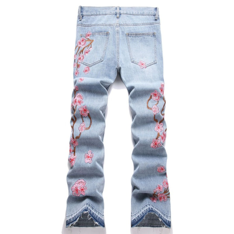 1990 Fashion Jeans Blue Plum Blossom Embroidered Trousers