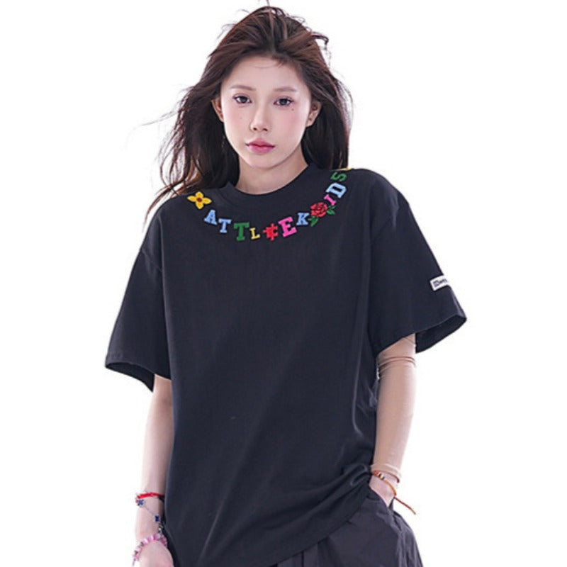 Hip Hop Clothes New York Necklace Embroidered Short Sleeve T-Shirt Summer Loose Top