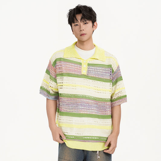 Nyc 1990 Shirt Retro Striped Hollow Contrast Color Knitted Polo Shirt Summer Lapel Casual Short Sleeve T-Shirt