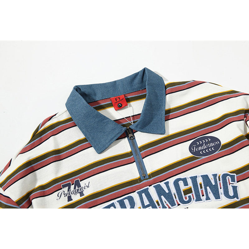 New York Hip Hop Style Vintage Striped Short Sleeve POLO Shirt Summer Alphabet Embroidered Lapel T-Shirt