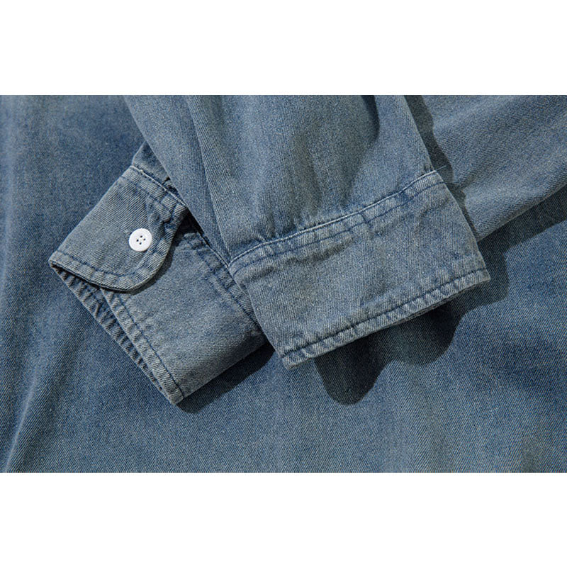 New York Hip Hop Style Washed Denim POLO Neck Long Sleeve T-Shirt Loose oversize