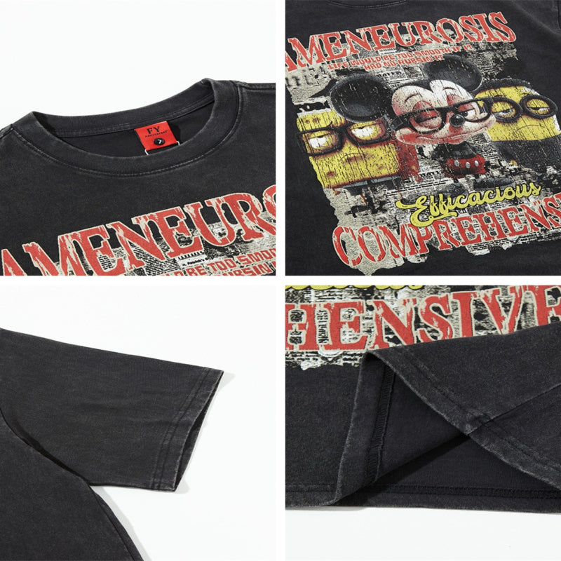 Distorted vintage washed old anime cartoon print short sleeve t-shirt summer loose casual top