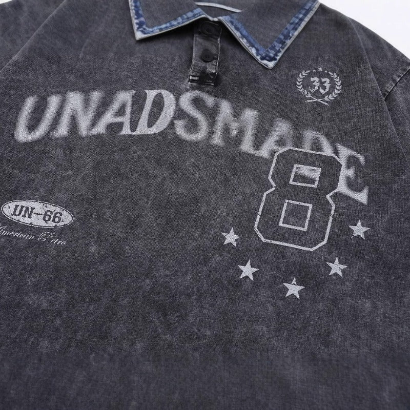 Racing oversized t shirt summer retro washed denim polo collar short sleeve t-shirt