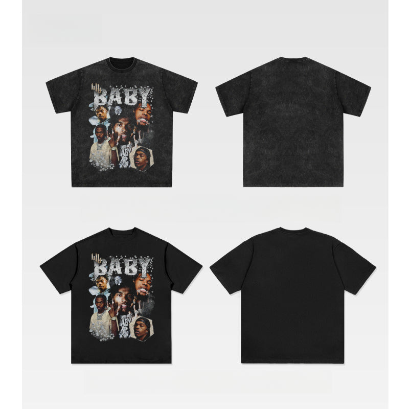 Cool t rapper retro hip hop Lil Baby print short sleeve t-shirt loose crew neck