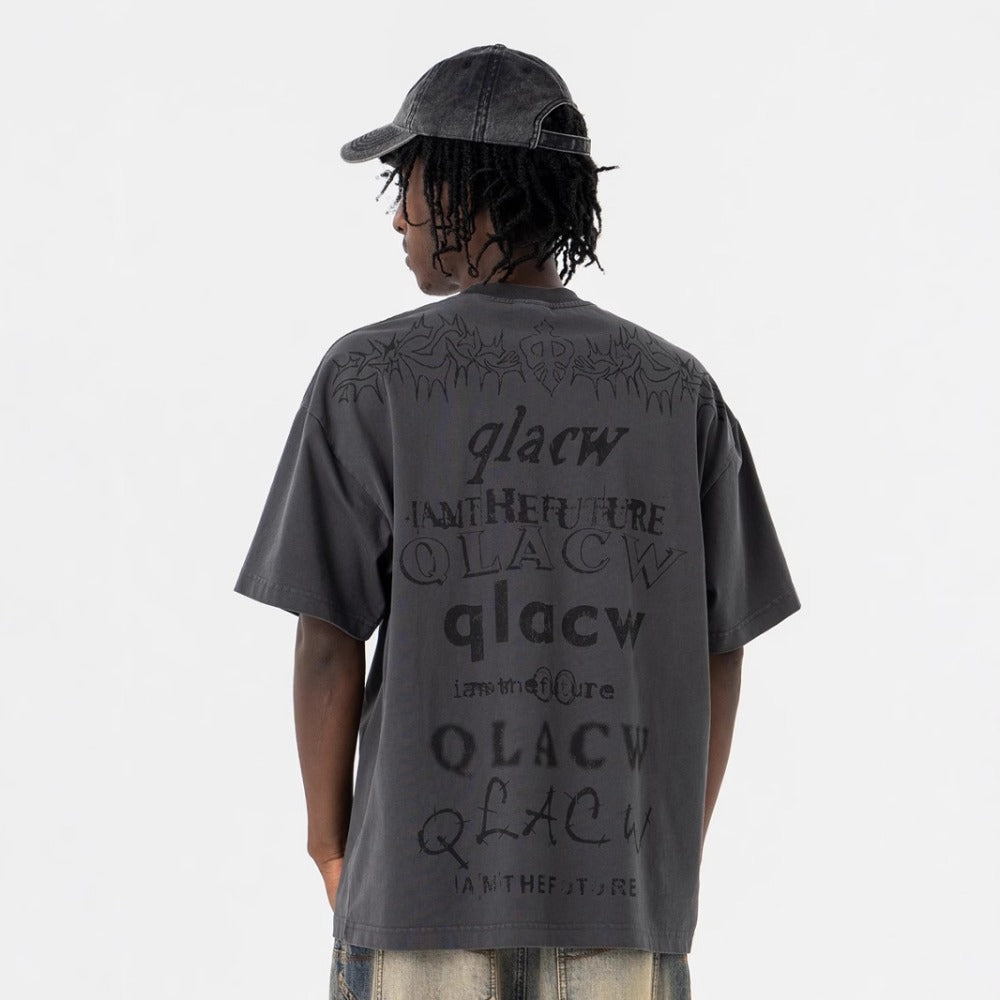 Vic Streetwear Summer Wash Graffiti Letter Print Casual Crew Neck Short Sleeve T-Shirt