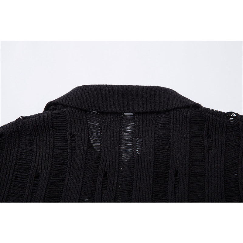 Casual Street Wear Vintage Hollow Knitted Short Sleeve Shirt Summer Casual Lapel Loose
