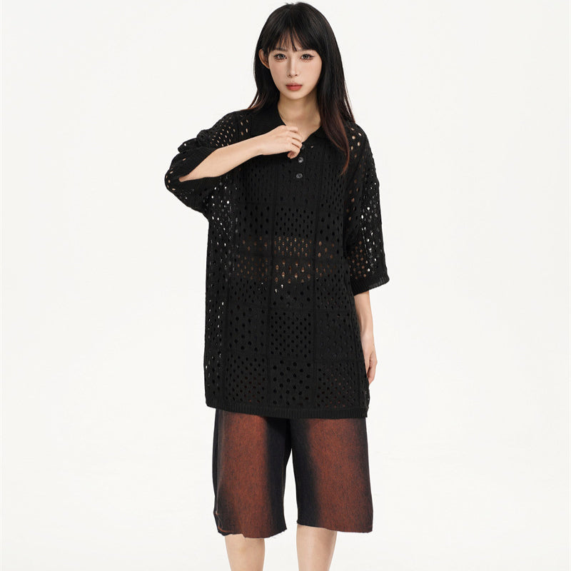 Camisas Retros Vintage Lapel Hollow Sweater Summer Loose Pullover Knitwear Short Sleeves