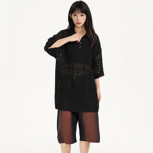 Camisas Retros Vintage Lapel Hollow Sweater Summer Loose Pullover Knitwear Short Sleeves