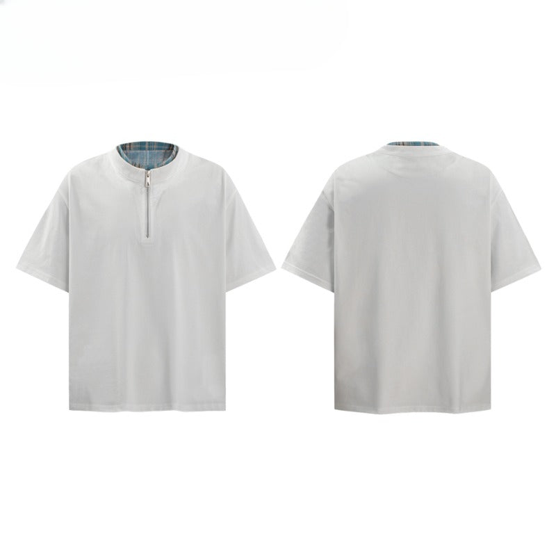 80s And 90s Vintage T Shirts Vintage Fake Two and a Half Zipper Cool Solona Stand-Up Collar Short Sleeve T-Shirt