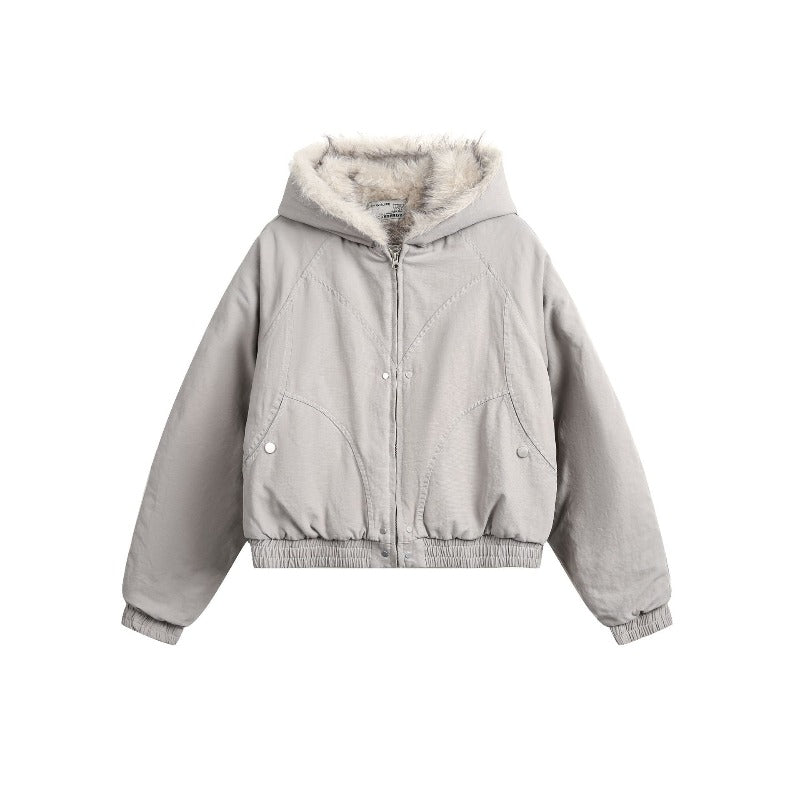Unisex Down Jacket Winter Fleece Vintage Thermal Hooded Fur Collar Jacket