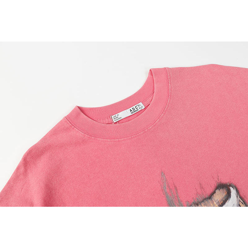 Marcas De Streetwear Vintage Washed Old Masked Girl Print Long Sleeve T-Shirt Top