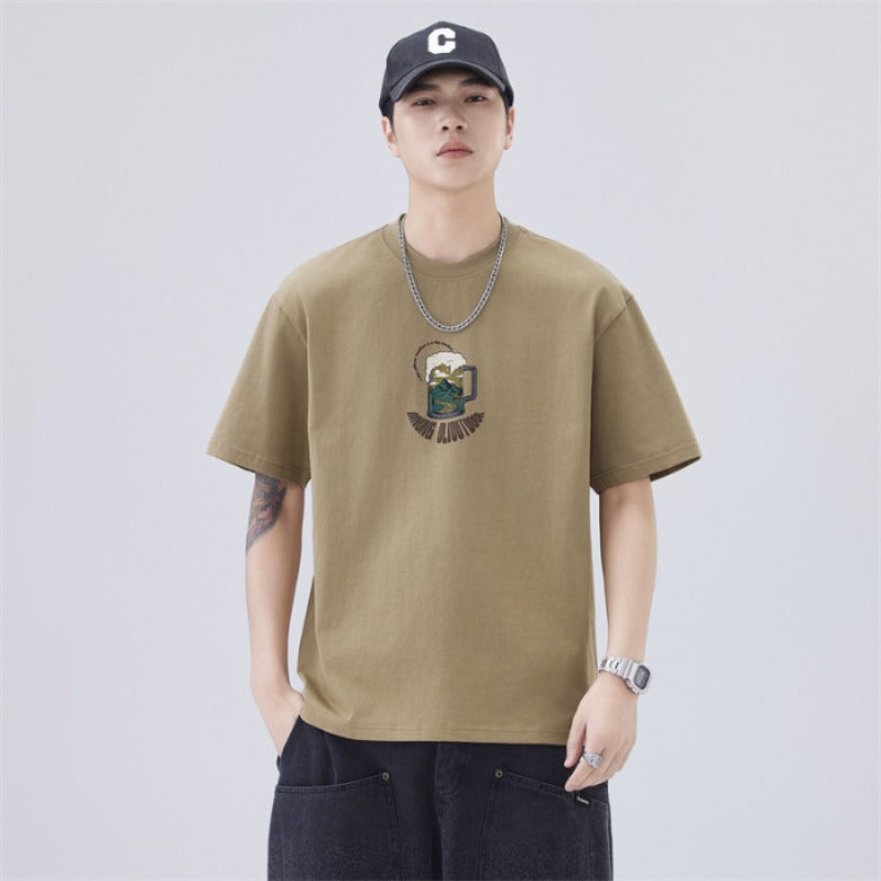 Men T-shirts Summer Loose Printed Bottom Shirt Short Sleeve