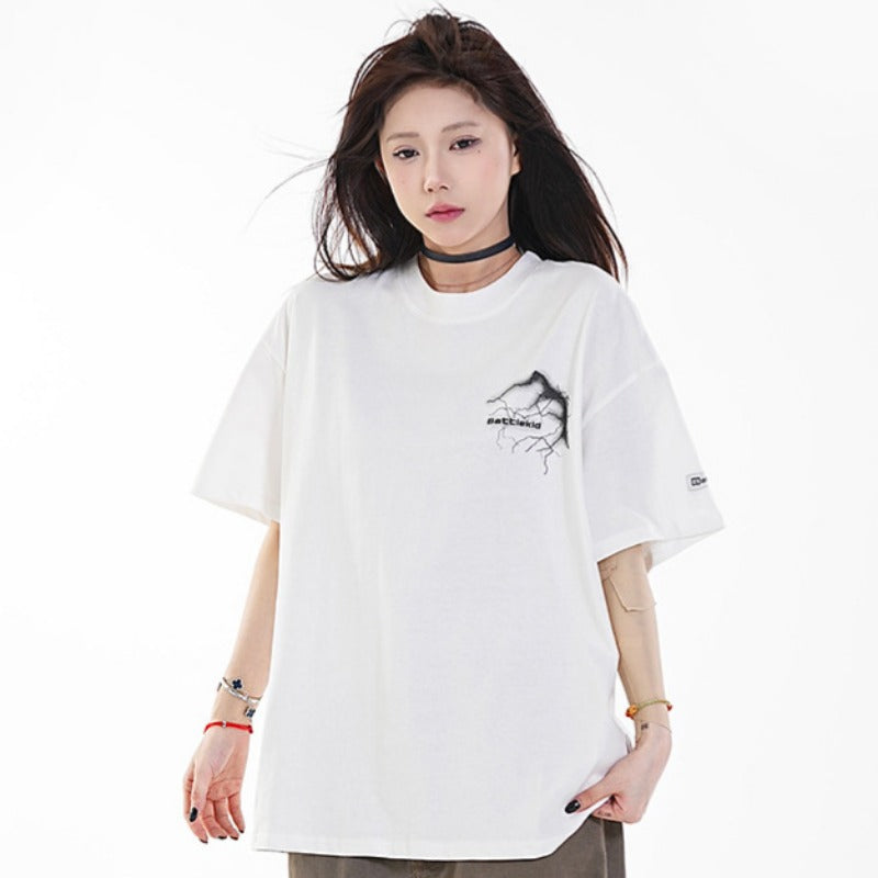 Vintage Tišö Rt Lightning Letter Print Summer Short Sleeve T-Shirt