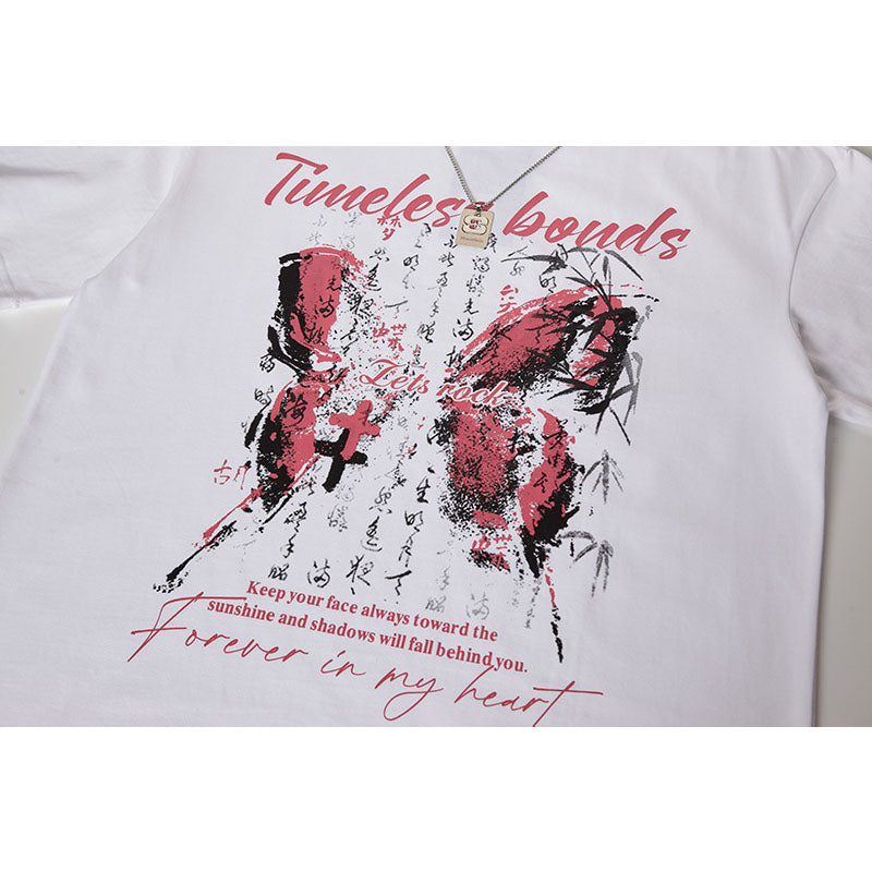 Casual Street Wear Butterfly Print Crew Neck Short Sleeve T-Shirt Vintage Loose