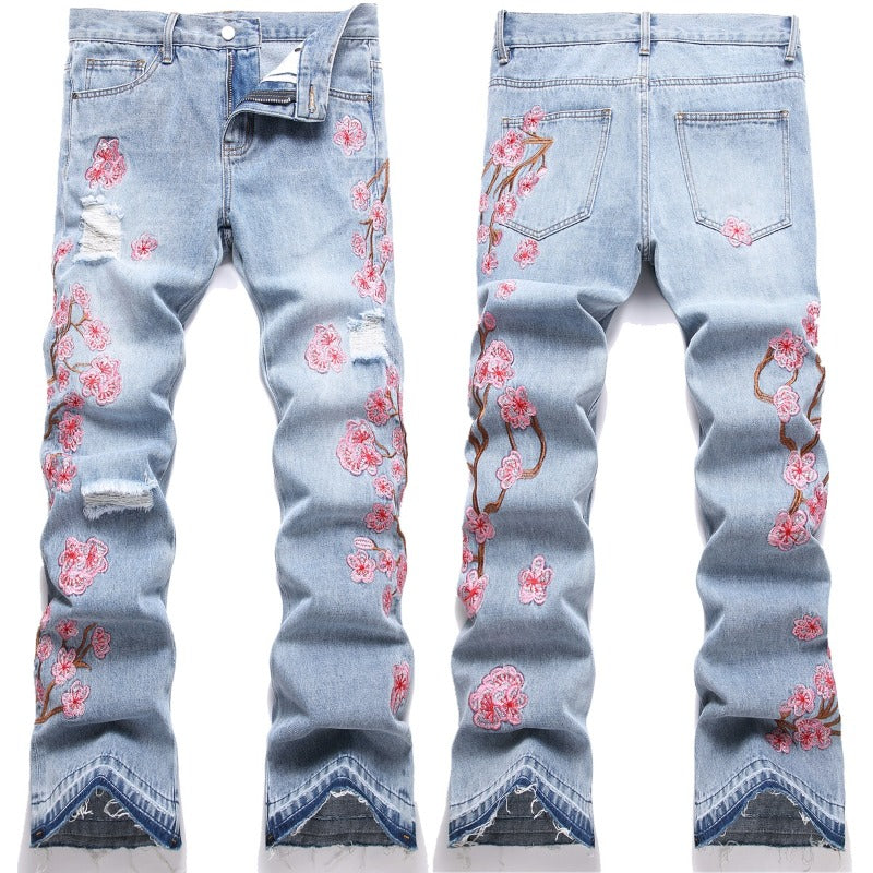 1990 Fashion Jeans Blue Plum Blossom Embroidered Trousers