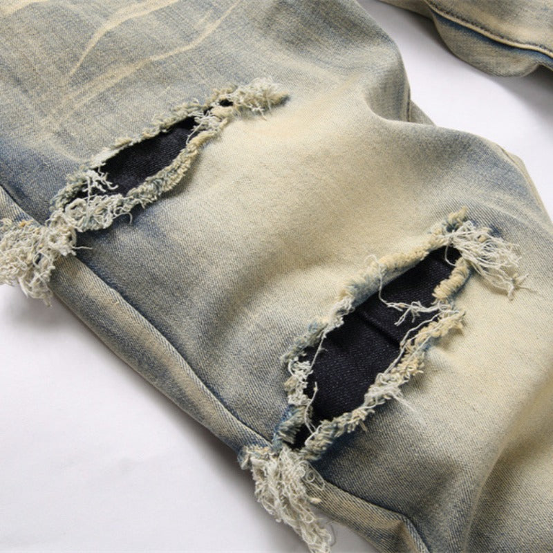 1990 Fashion Jeans Retro Blue Ripped Small Straight Jeans