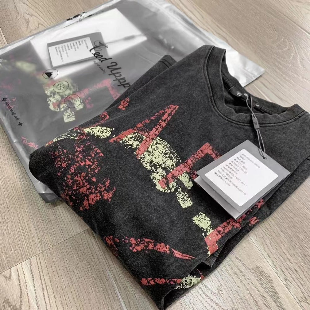 Streetwear Eua t-shirt washed and old short-sleeved men's peace dove print loose crew neck t-shirt