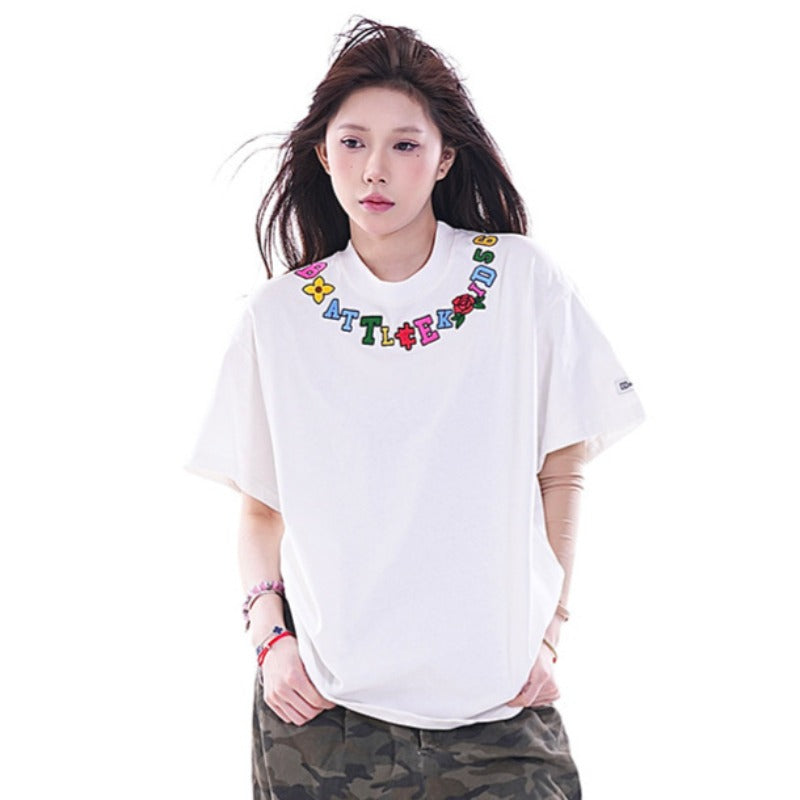 Hip Hop Clothes New York Necklace Embroidered Short Sleeve T-Shirt Summer Loose Top