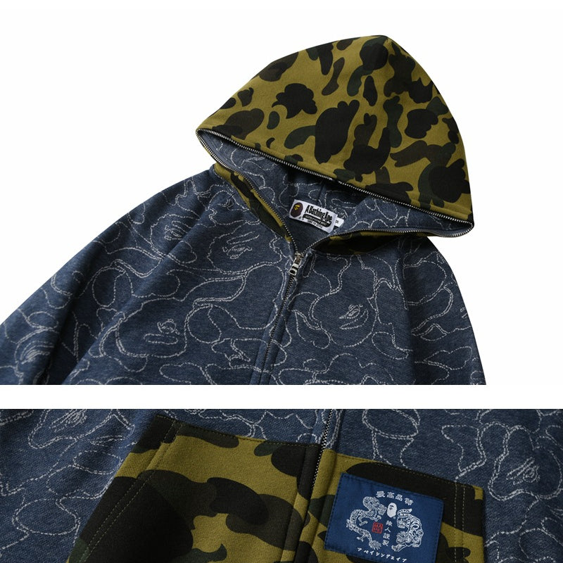 Ape Hoodie Camo Ape Head Embroidered Splicing Hooded Cardigan Zip Sweater Jacket