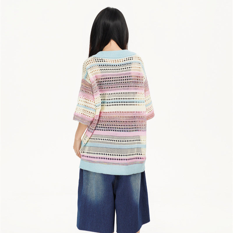 Camisas Retros retro stripes gradual change color spring and summer hollow knit sweater