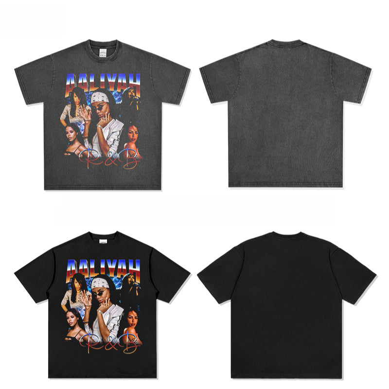 Streetwear masculino vintage hip hop Aaliyah print short sleeve t-shirt