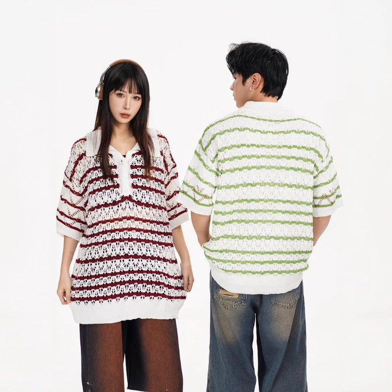 Nyc 1990 Shirt Summer Vintage Striped Knitted Hollow POLO Shirt Lapel