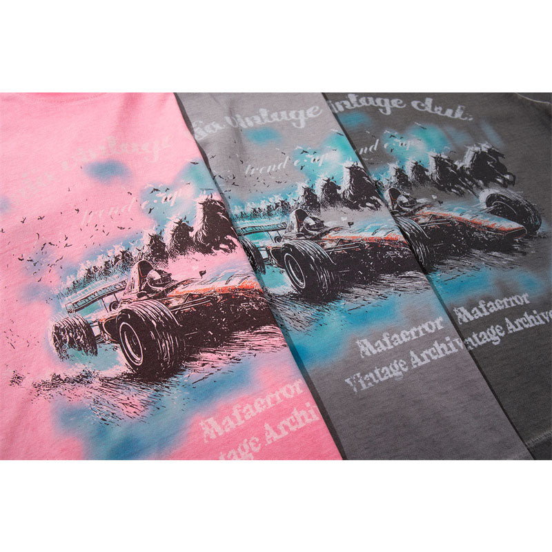 US drip outfits Summer Vintage Racing Pattern Casual Loose Short Sleeve T-Shirts