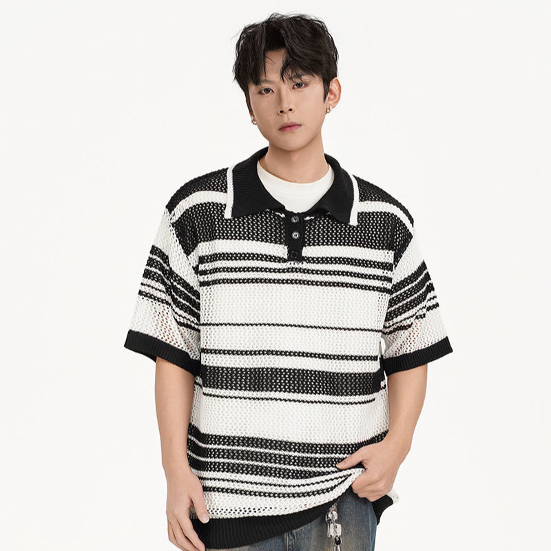 Nyc 1990 Shirt Casual Loose Knitted Sweater POLO Neck Lapel Hollow Stripe