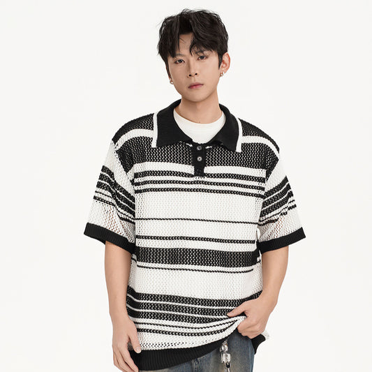 Nyc 1990 Shirt Casual Loose Knitted Sweater POLO Neck Lapel Hollow Stripe