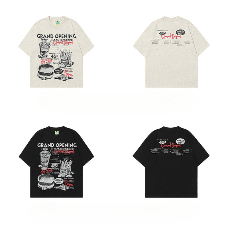 90s West Coast Hip Hop Fashion T Shirts Burger Fries Print Spring Summer Short Sleeve T-Shirt