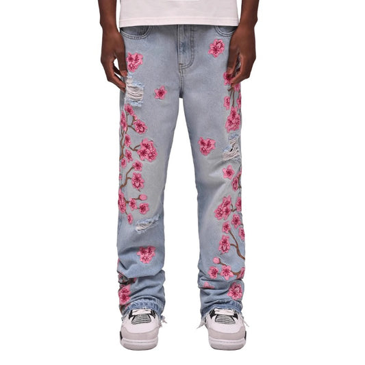 1990 Fashion Jeans Blue Plum Blossom Embroidered Trousers