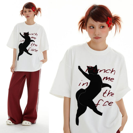 Unisex T-shirts Summer Towel Embroidered Cat Men's Loose Short Sleeve T-Shirt