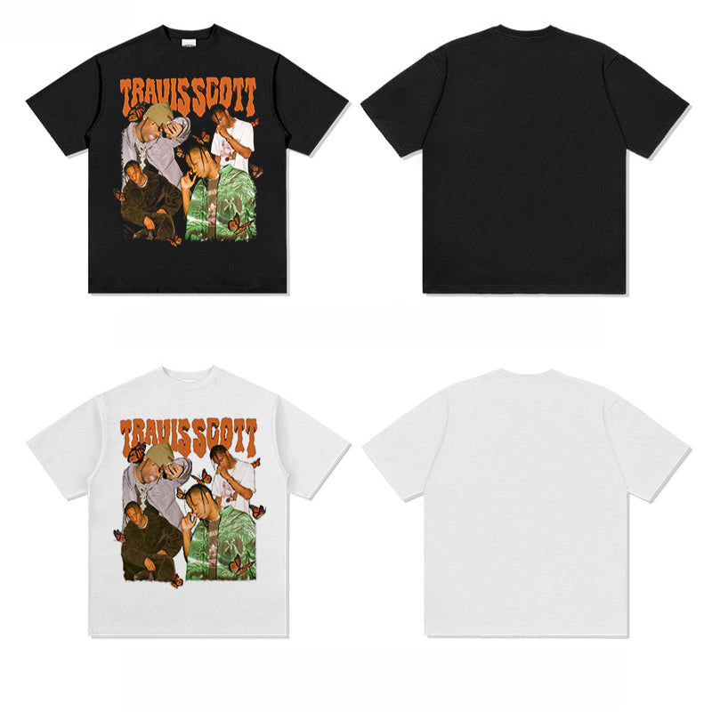 Streetwear masculino TRAVIS SCOTT Hip Hop, Loose, Printed Short Sleeve Vintage TEE