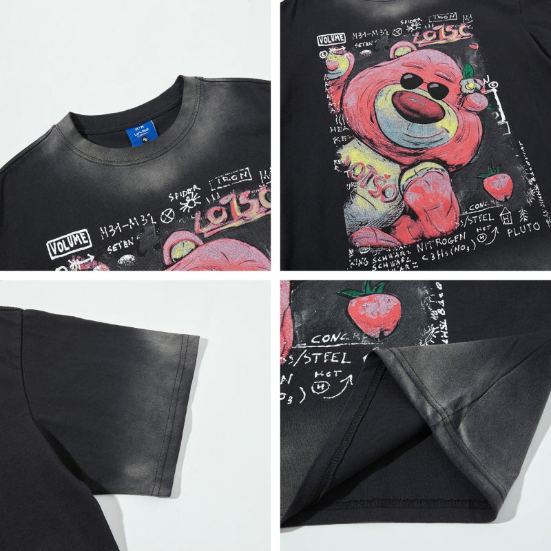 Nyc T Shirt Vintage Strawberry Bear Print Short Sleeve T-Shirt Summer Loose Casual Top