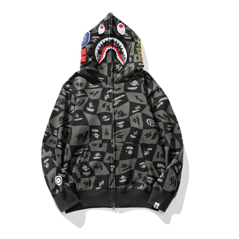 Ape Hoodie Autumn and Winter Ape Shaped Checkered Shark Cardigan Zipper Sweater Jacket