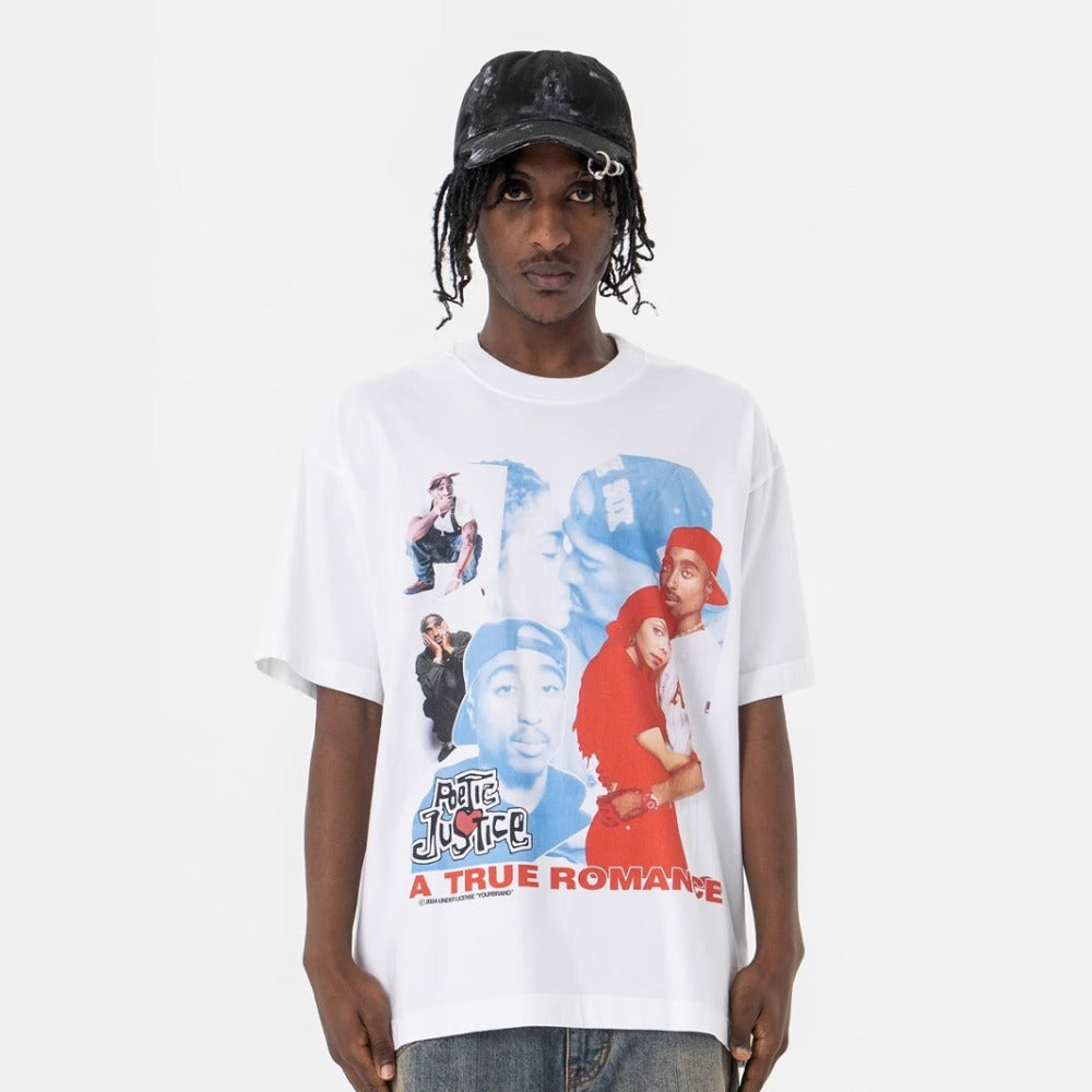 Vintage College Shirts Summer Hip Hop Portrait Letter Print Crew Neck Short Sleeve T-Shirt