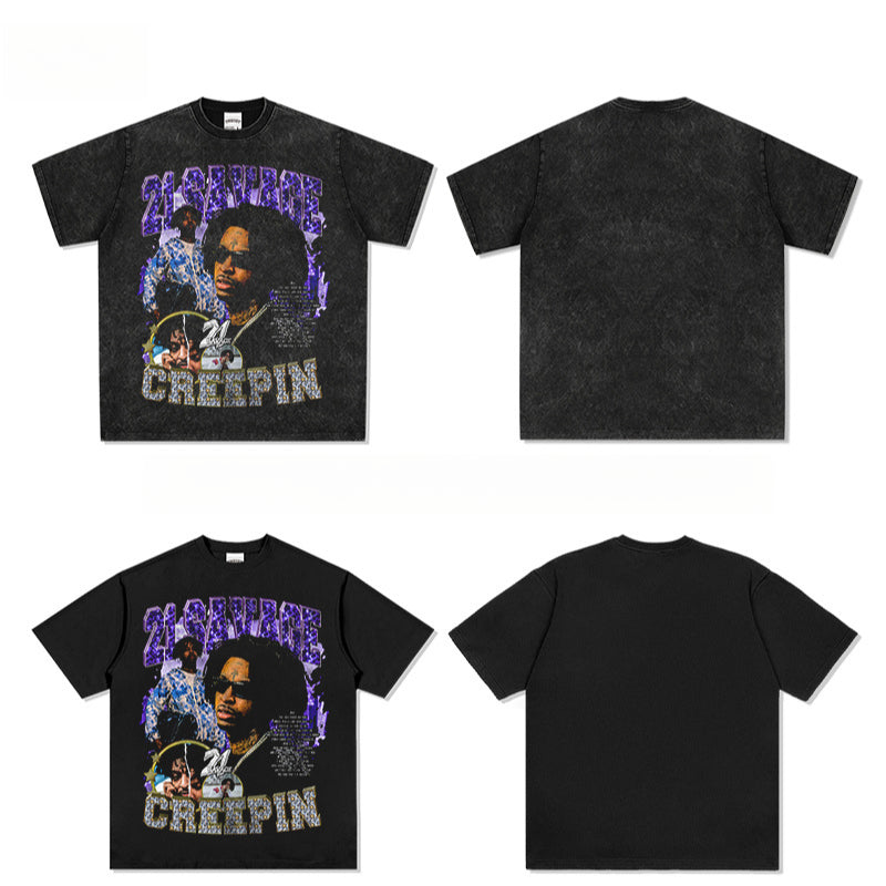 Streetwear Masculino Vintage, Hip Hop Savage 21Savage Print Short Sleeve T-Shirt