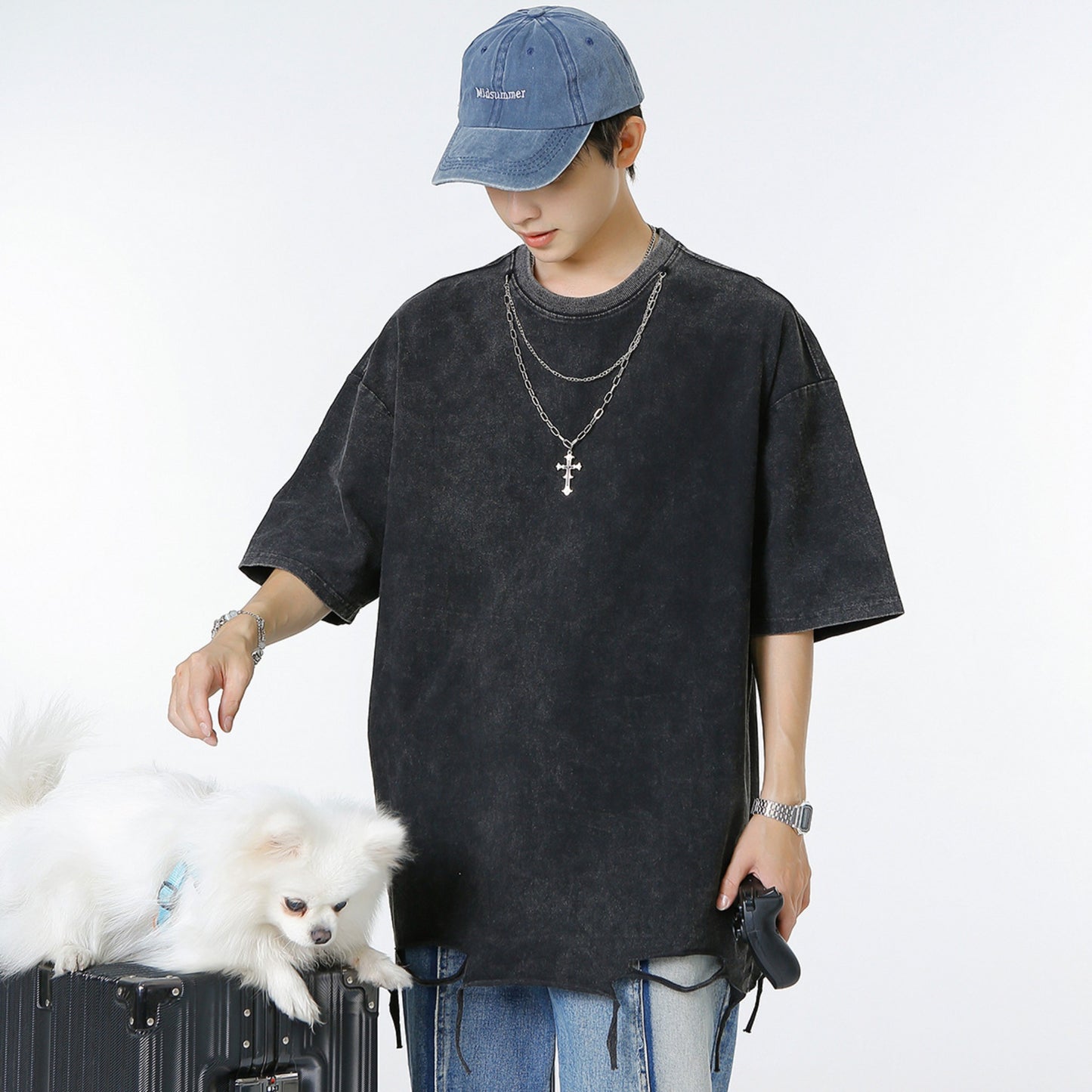 Retro Style Shirt For Men Summer Wash Necklace T-Shirt Short Sleeve